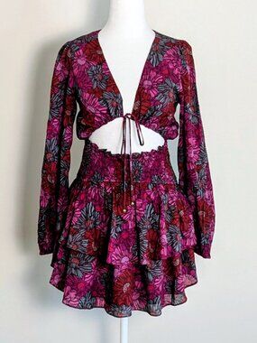 OLIVACEOUS Women's Cut Out Long Sleeve Mini Dress  Size M  Multi Print